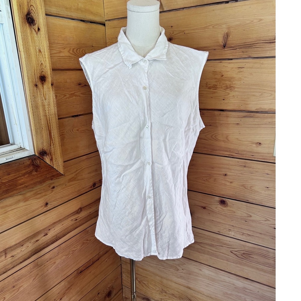 100 % Linen Sleeveless Button Down Shirt Women Extra Large White Summer Boho Top